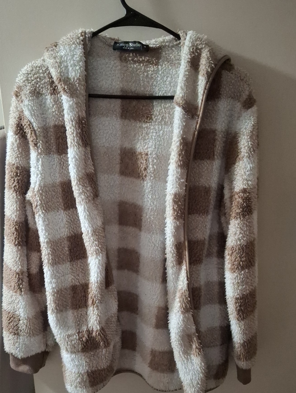 Plush Hooded Buffalo Check Cardigan - Cream & Brown